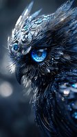 Mystical owl with glowing blue eyes adorned in ornate silver feathers and crystal details against dark background, creating ethereal fantasy atmosphere.