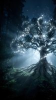 Glowing magical tree with sparkling lights in a misty dark forest at night, with dramatic rays and twisted roots.
