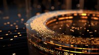 Futuristic circular technology pattern with golden light effects and digital numbers on dark background, modern abstract design for tech concepts.