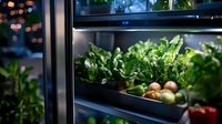 Fresh organic produce and leafy greens displayed in modern refrigerated shelving unit with soft bokeh lights, showcasing healthy food storage and retail presentation.