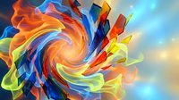 Dynamic swirling abstract composition with vibrant rainbow colors creating energetic spiral motion on bright luminous background for creative projects.