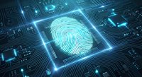Digital fingerprint scanner on futuristic circuit board with glowing blue lights for cybersecurity and biometric authentication technology concepts.