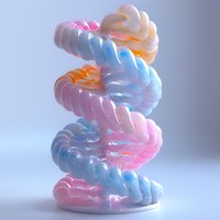 Abstract spiral sculpture in pastel pink, blue and peach colors with glossy iridescent surface and twisted organic form against light background.