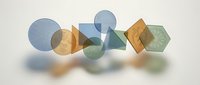 Translucent geometric shapes including spheres, cubes, and pyramids in blue, orange, and green colors floating with soft shadows on neutral background.