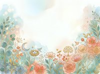 Whimsical garden border with watercolor flowers, botanical elements, and celestial moon crescent on soft pastel background, isolated design ready for invitations, greeting cards, and creative projects.