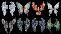 Colorful fantasy wings collection featuring angel, butterfly, phoenix, fairy, demon, and dragon styles isolated on transparent background. Ready for t-shirt design, clipart, stickers, sublimation, and print-on-demand projects.
