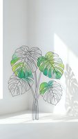 Minimalist line art monstera plant with green watercolor accents on white wall corner, modern botanical interior design element for home decor and wall art.