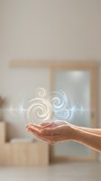 Open hands presenting glowing digital wind swirls with sound waves in modern interior space for wellness and energy healing concepts.