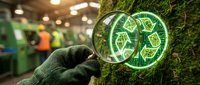 Gloved hand holding illuminated green leaf hologram against moss-covered surface in modern facility, representing sustainable technology and environmental innovation for eco-friendly business concepts.