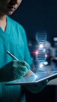 Medical researcher in scrubs analyzing DNA data on tablet with holographic double helix visualization in modern laboratory for genetic research and biotechnology.