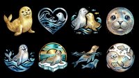 Cute watercolor seal sticker set isolated on transparent background, ready for t-shirt design, clipart, print on demand, sublimation, and digital crafts.