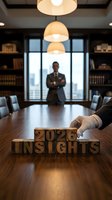 Business executive presenting 2026 insights wooden blocks in modern conference room with city view for corporate strategy planning and forecasting.