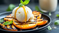 Grilled peach dessert with vanilla ice cream scoop, caramel drizzle and fresh mint leaves on black plate, close up view of summer fruit dessert.
