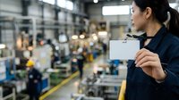 Female factory worker of East Asian descent holding blank white card in industrial manufacturing facility with machinery and equipment in background.