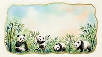 Adorable panda family in bamboo forest with decorative golden border frame. Watercolor illustration isolated on transparent background for design.