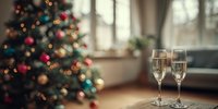 Two champagne flutes filled with sparkling wine on wooden table with decorated Christmas tree and bokeh lights in cozy living room interior.
