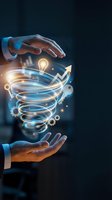 Businessman hands holding glowing digital vortex with light bulb, growth arrow and gears, symbolizing innovation and business strategy.