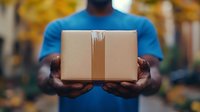 Man in blue shirt holding cardboard package box for delivery service and shipping business with blurred autumn background.