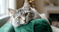 Adorable silver tabby cat with striking yellow eyes resting on emerald green velvet cushion in cozy home interior with warm bokeh lights in background.