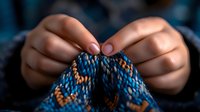 Close-up of hands knitting colorful blue and orange patterned wool yarn with traditional technique, showcasing handmade craftsmanship and textile creation.