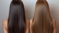 Two women with long straight hair, brunette and blonde, showing hair comparison from behind. Professional salon result demonstrates hair treatment and coloring effect.