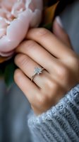 Delicate snowflake engagement ring on woman's hand wearing cozy gray sweater, with soft pink peony flower in background, romantic winter proposal moment.