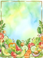 Watercolor vegetable border frame with fresh produce including tomatoes, cucumbers, avocados, carrots and leafy greens on white background. Ideal for recipe cards, menus, cooking blogs, wellness content and food-related designs.