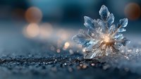 Crystal clear ice snowflake with warm golden light glowing through delicate frozen structure on textured surface with bokeh background for winter designs.