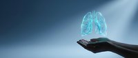 Human hands presenting glowing digital lungs hologram against blue gradient background for healthcare technology and respiratory medicine concepts.