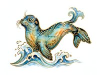 Seal swimming in stylized waves with ornate gold and turquoise decorative details, isolated on white background for design and clipart use.
