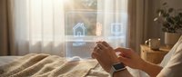 Hands with smartwatch controlling transparent smart home holographic interface with security, climate and entertainment icons in cozy bedroom.