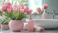 Pink tulips in textured vase with matching bathroom accessories creating elegant spa-like atmosphere for home decor and wellness lifestyle concepts.