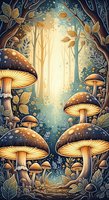 Enchanted forest scene with oversized mushrooms, golden foliage, and glowing light rays filtering through tall trees, creating a magical woodland atmosphere for fantasy and nature-themed designs.
