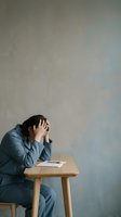 Stressed young Asian woman in blue pajamas holding head in hands while sitting at wooden table with notebook against gray wall background.