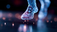 Glowing bitcoin symbol frozen in ice crystal with blue and pink illumination against dark background with bokeh lights and reflective surface.