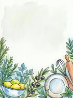 Watercolor kitchen frame with herbs, lemons, olives, whisk, and rolling pin, featuring a blank center space for text or recipe content.