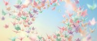 Colorful origami paper cranes floating in dreamy pastel sky background for peaceful meditation and mindfulness concepts.