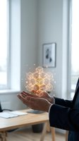 Businessman hands presenting glowing geometric cube network with golden light effects in modern office environment for technology and innovation concepts.