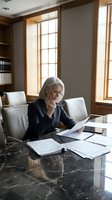 Senior woman professional reviewing documents at modern office desk with marble surface, natural light from windows, wearing black blazer and glasses, contemplative expression while working with papers and tablet.