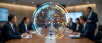 Holographic globe with network connections floating above business meeting table in modern conference room with professionals discussing global strategy.