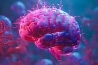 Glowing pink and blue anatomical brain with electrical impulses and neural connections floating in abstract space, depicting artificial intelligence and brain activity.