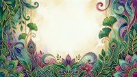 Ornamental floral border with peacock feathers, swirling vines, and lotus flowers in jewel tones frames a cream center space, suitable for invitations and decorative backgrounds.