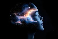 Female profile silhouette with cosmic galaxy nebula overlay against black background, representing mindfulness, spirituality and consciousness in dreamy atmosphere.