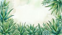 Watercolor succulent plants and green foliage arranged in a decorative border frame on isolated white background, suitable for botanical designs, invitations, and creative projects.