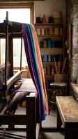 Traditional weaving loom with colorful striped textile in rustic workshop studio. Handcrafted fabric production, artisan craft making, textile art creation process.