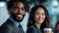 Young diverse business professionals, African American man with dreadlocks and Asian woman in corporate attire, smiling confidently in modern office setting with coffee cup.
