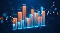 Glowing 3D bar chart with financial data visualization on dark blue background with bokeh lights for business analytics and market research presentations.