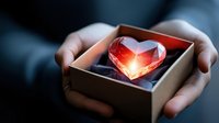 Glowing red crystal heart in gift box held in gentle hands against dark background, romantic symbol of love and precious moments.