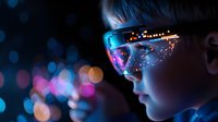 Young Asian male wearing futuristic smart glasses with glowing digital display and bokeh lights reflecting on lens against dark background with colorful blur effects.