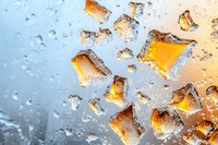 Glowing amber fragments scattered on frosted glass with water droplets create dramatic light effect against gradient blue and orange background.